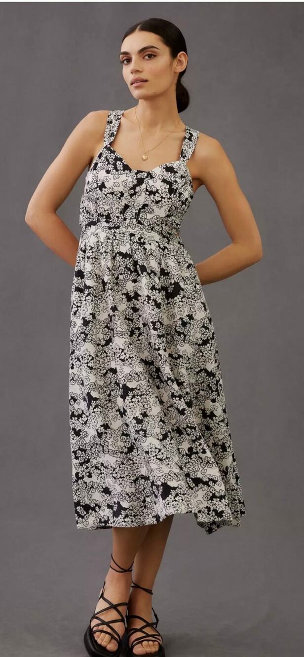 Anthropologie Linen-Blend Cut-Out Floral Midi Dress NWT XS